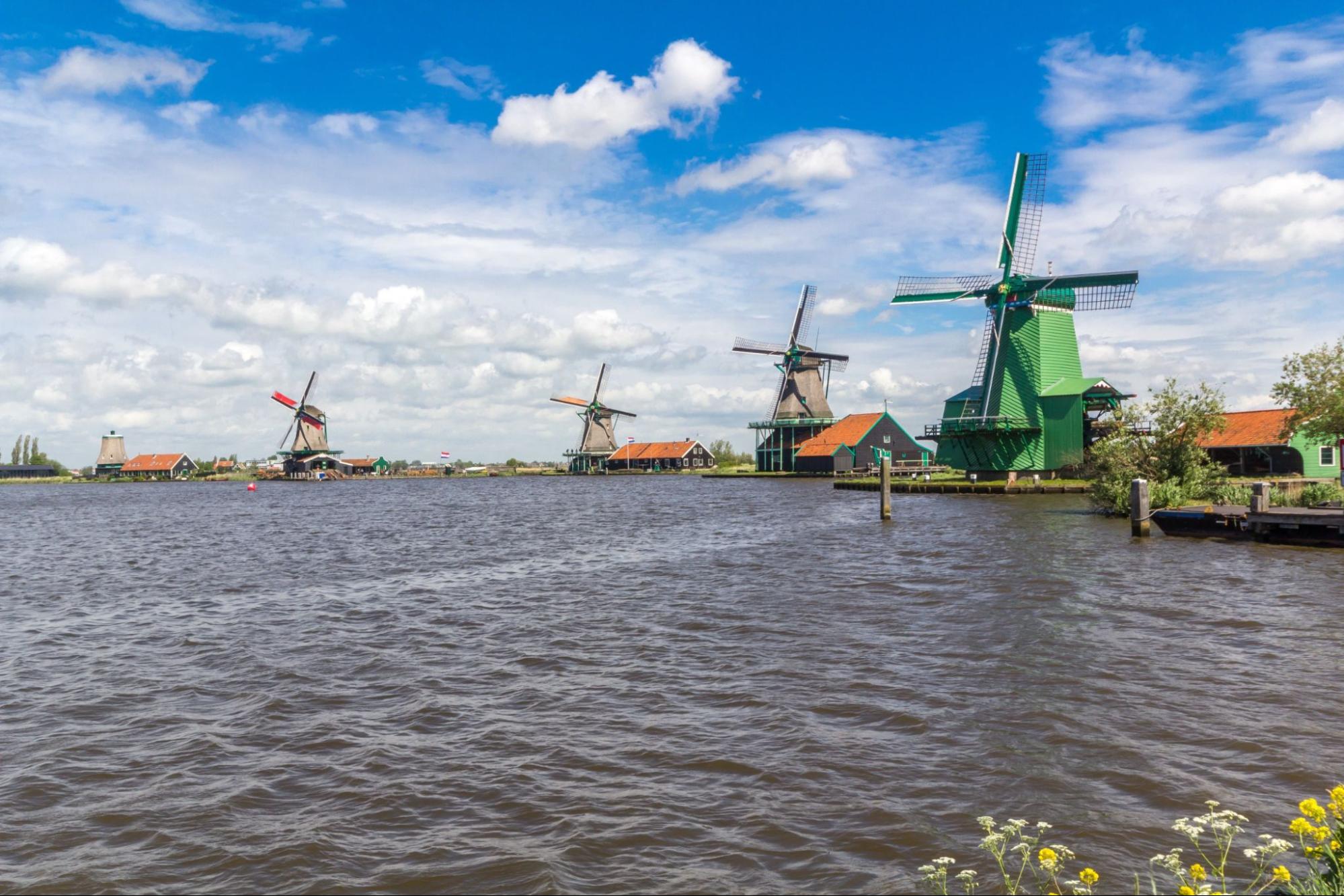 Traditional Dutch windmills at Zaanse Schans closed to Amsterdam
